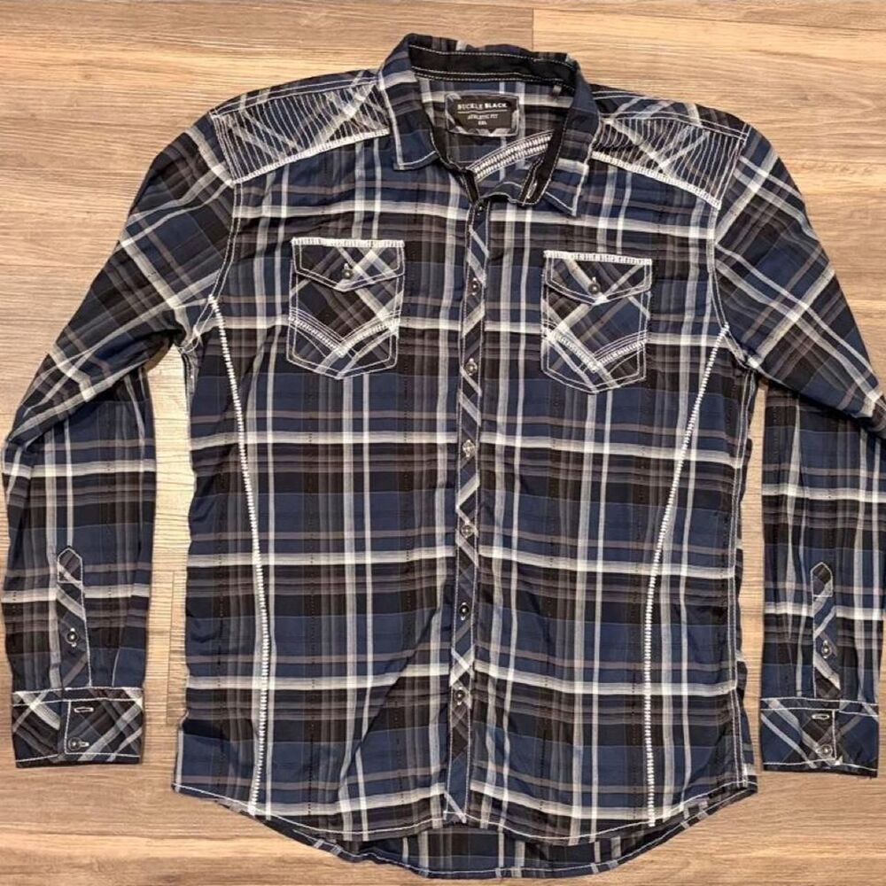 Buckle Black Men’s 2XL Athletic Fit Blue Plaid Western Shirt Contrast Stitching